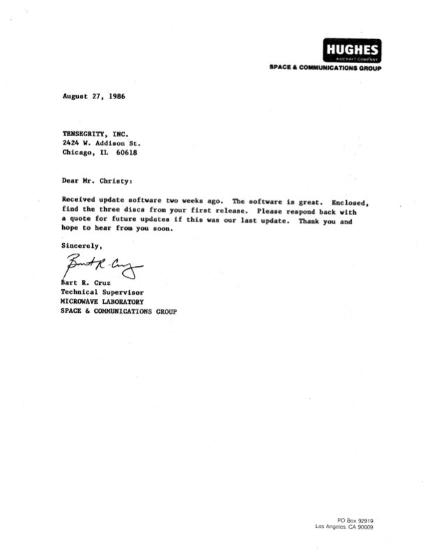 Original 1986 letter from Hughes Aircraft Space & Communications Group endorsing CADD software